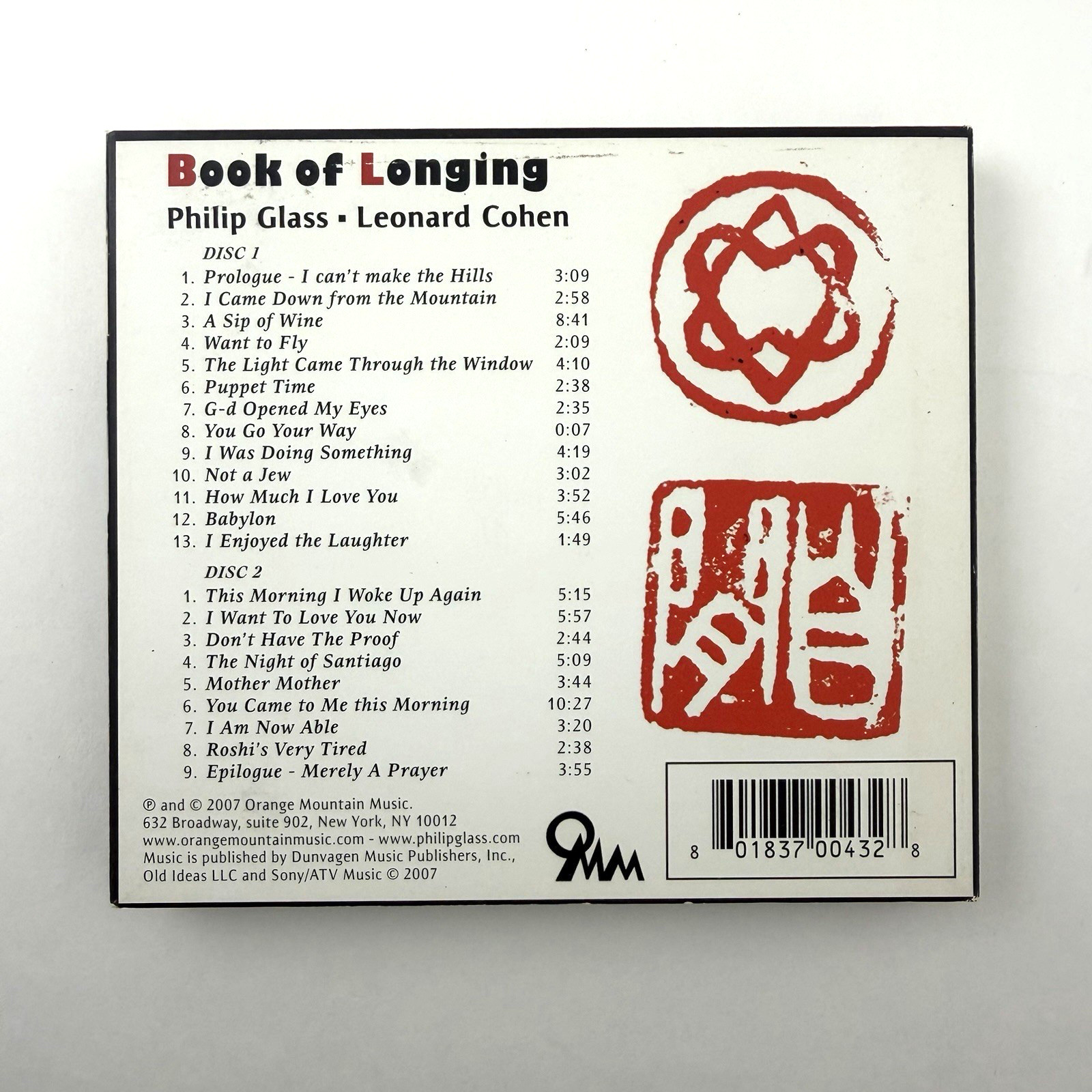 PHILIP GLASS Book Of Longing 2xCD Orange Mountain Music 2007 Leonard Cohen EX