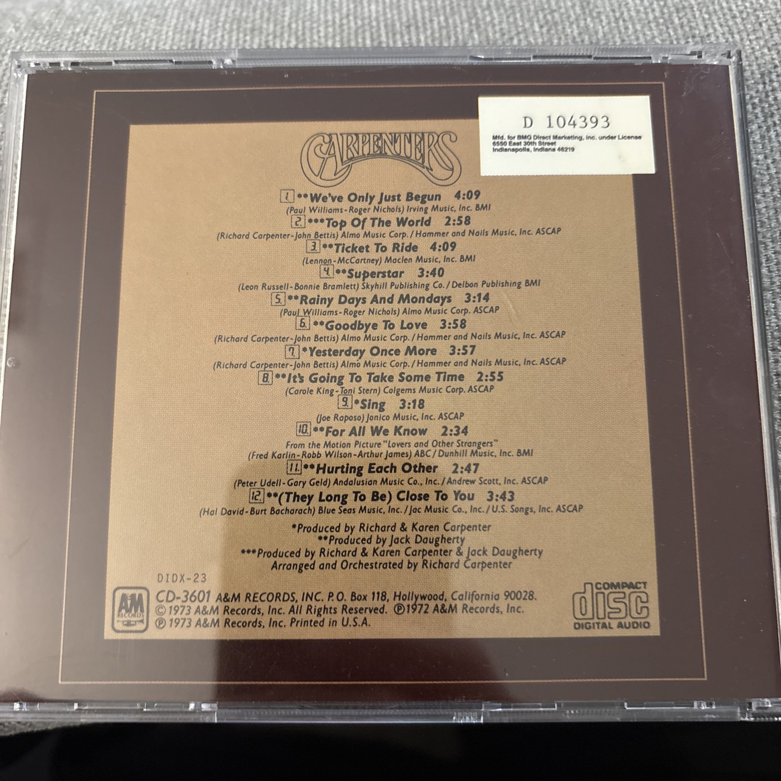 The Carpenters-The Singles 1969-1973-CD-VG-BMG Music Service Ed.-Free Shipping