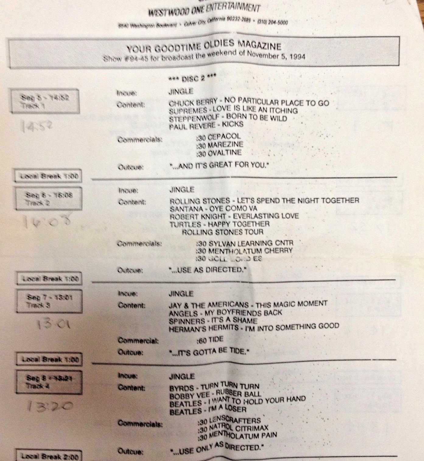 RADIO SHOW:GOOD TIME OLDIES 11/5/94 DION FEATURE; BEATLES, SHOCKING BLUE,CHICAGO