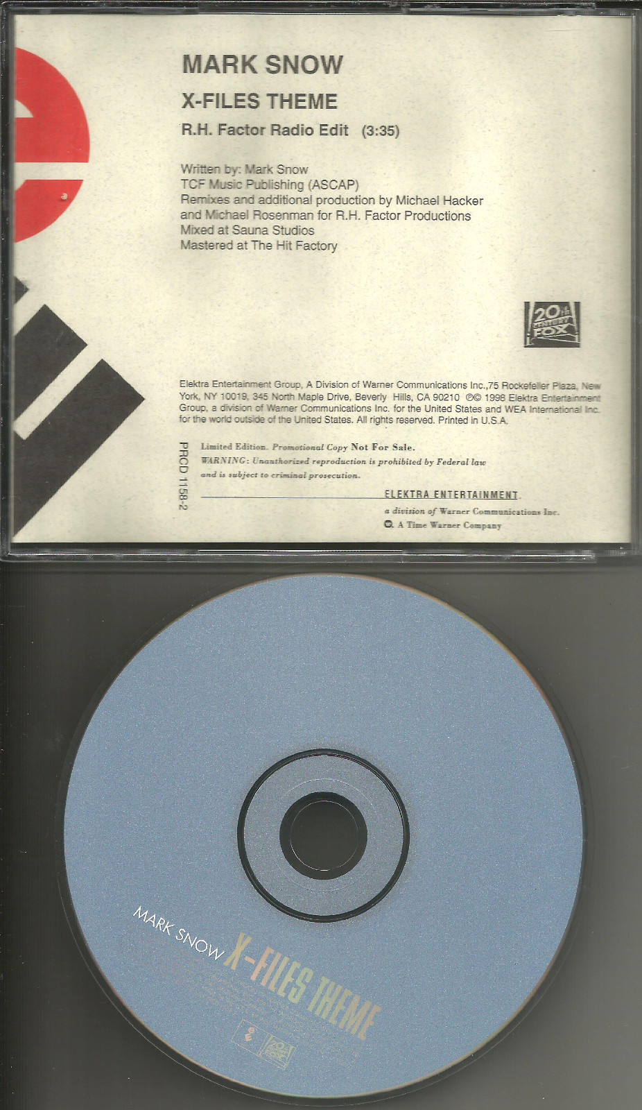 MARK SNOW X files Theme w/RARE R.H. FACTOR EDIT PROMO DJ CD Single USA 1998 MINT