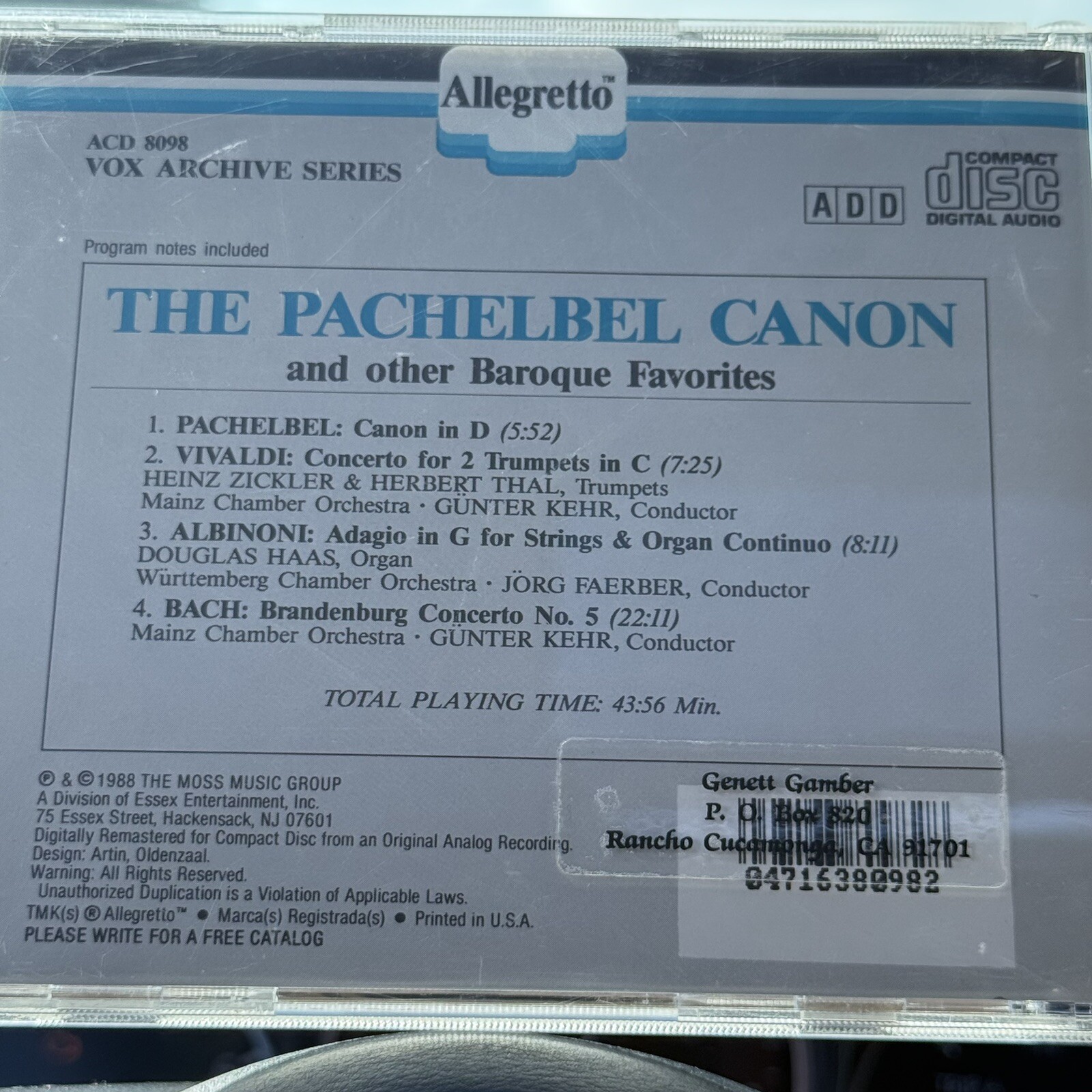 The Pachelbel Canon Baroque CD Vivaldi, Albinoni, Bach 1988 ALLEGRETTO 44min VG+