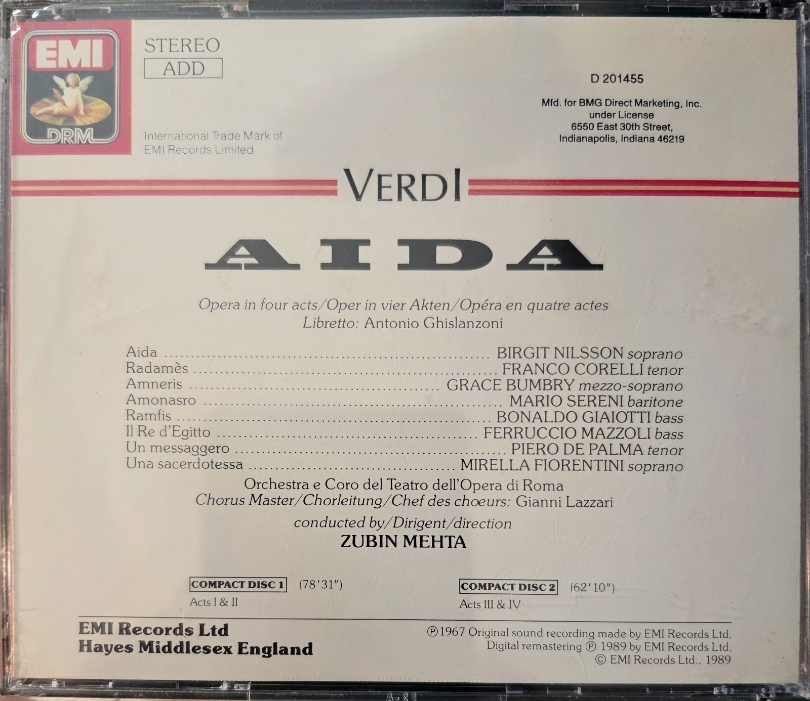 Verdi AIDA Nilsson Corelli Sereni Zubin Mehta RARE/OOP 2-CDs EMI BMG COPY