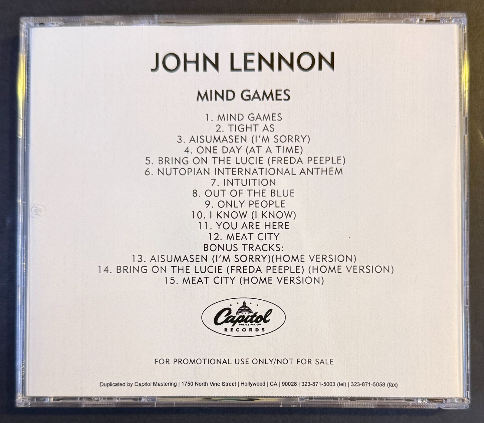 JOHN LENNON Mind Games VERY RARE ADVANCE IN-HOUSE PROMO CD Capitol Remaster 2002