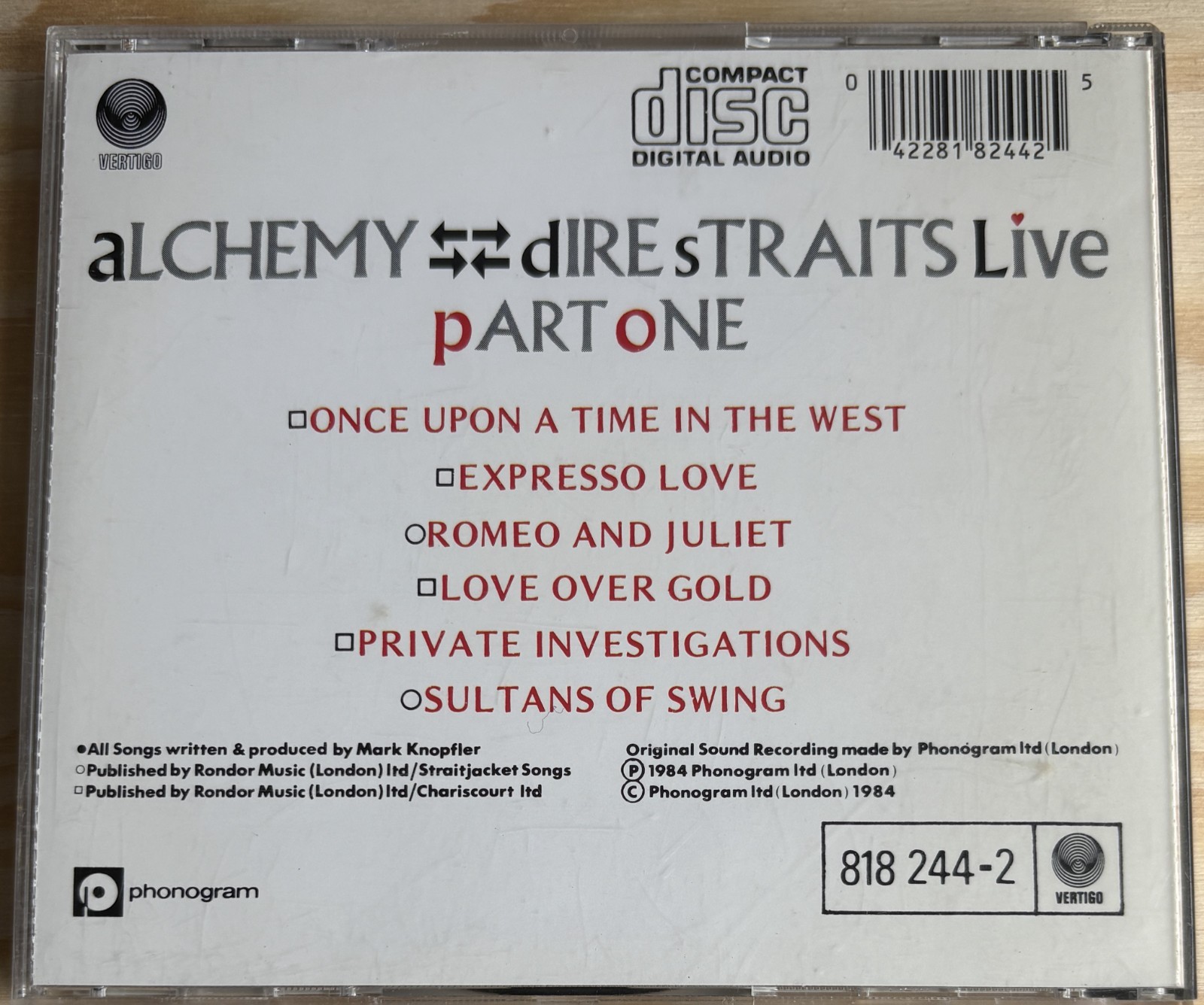 Dire Straits –Alchemy Live (D1)–Vertigo 818 244‑2 West Germany Red Fan Pressing
