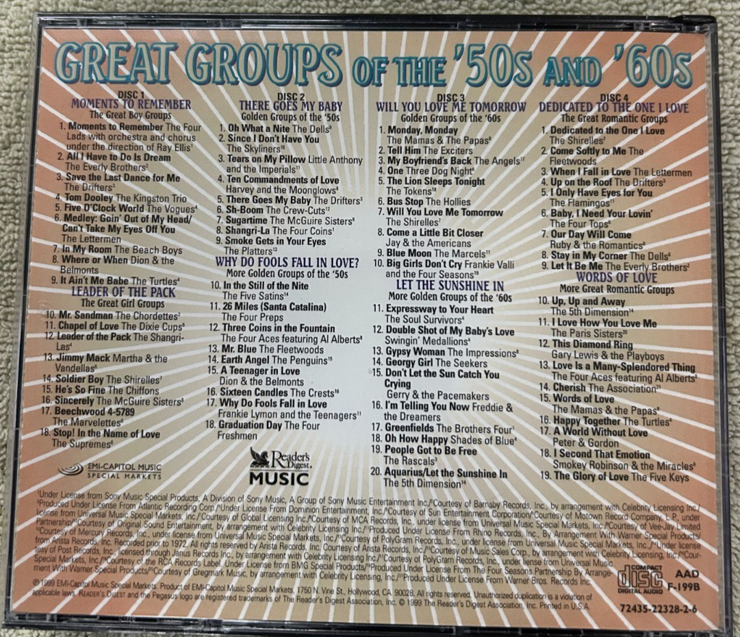 "Readers Digest Great Groups Of The 50s And 60s" 4 CD Box Set: 72435 23328-2-6.